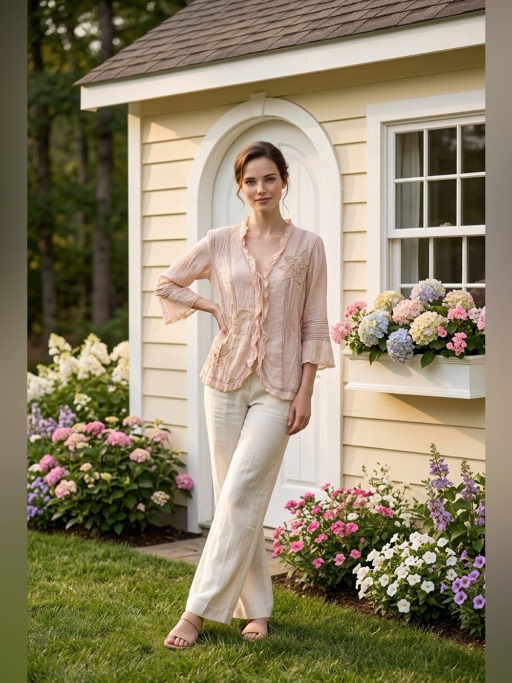 Women's Light Pink Ruffle-Front Blouse with Embroidered Detail